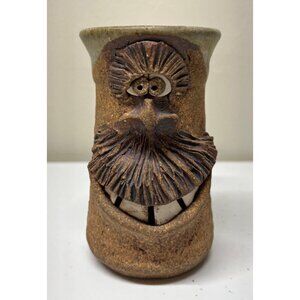 Stoneware Face Mug Cup Mustache Art Pottery 3D Signed VTG Handmade Coffee Tea